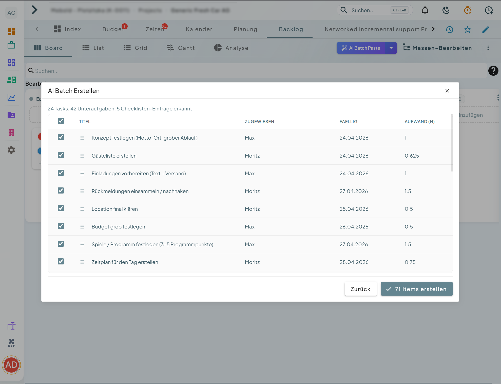 AI Batch Paste Dialog in Temporalis EMS mit erkannten Tasks, Zuweisungen und Fälligkeiten